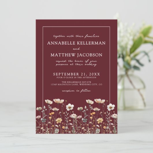 ワイルドフラワー バーガンディ フローラル ウェディング 招待状 (スタンド正面)