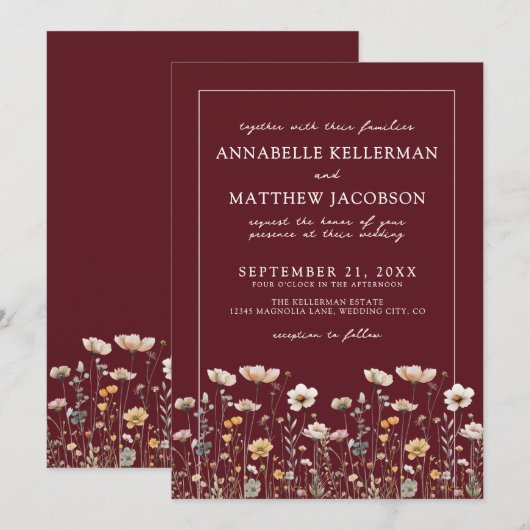 ワイルドフラワー バーガンディ フローラル ウェディング 招待状 (正面/裏面)