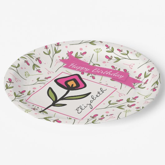 ワイルドフラワー – ピンクとオレンジの花びら誕生日 ペーパープレート (アングル)