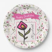 ワイルドフラワー – ピンクとオレンジの花びら誕生日 ペーパープレート (正面)