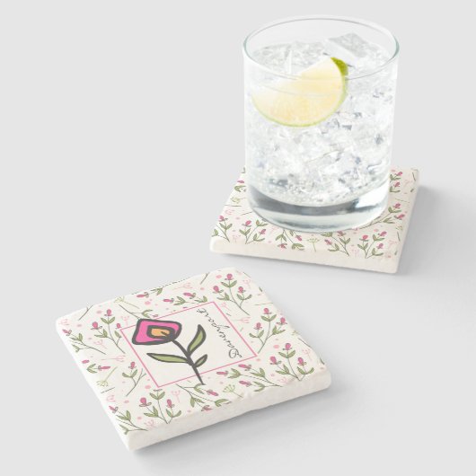 ワイルドフラワー – ピンクとオレンジの花びら パーソナライズされた ストーンコースター (横)