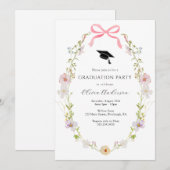 ワイルドフラワー ピンクの蝶結び 卒業パーティー招待状 招待状 (正面/裏面)