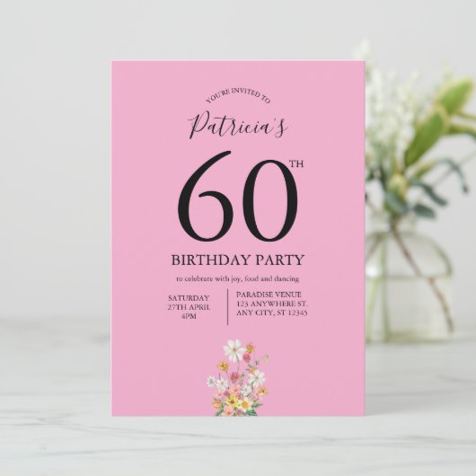 ワイルドフラワー ピンク 60歳の誕生日 招待状 (スタンド正面)
