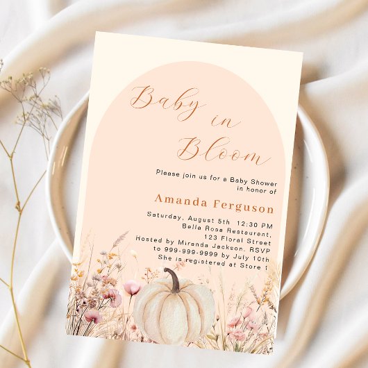 ワイルドフラワー ピーチ アーチ パンプキン ブルーム ベイビー シャワー 招待状