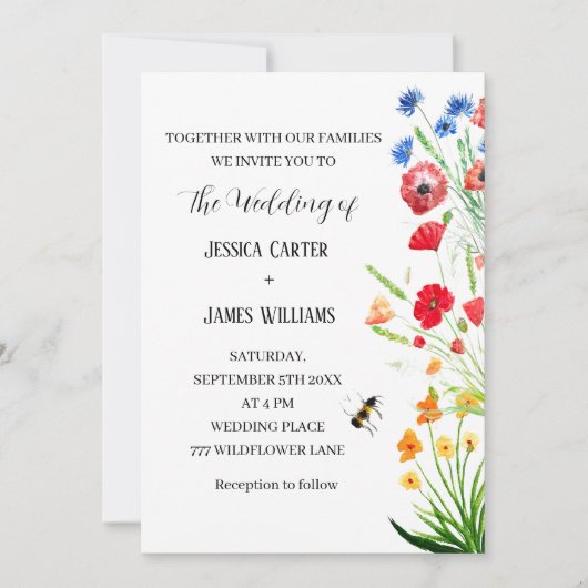 ワイルドフラワー フローラル ウォーターカラー ボーホー ラスティック ウェディング 招待状 (正面)