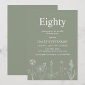ワイルドフラワー フローラル エイティー セージグリーン 80歳の誕生日 招待状 (正面/裏面)