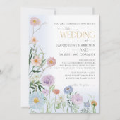 ワイルドフラワー フローラル エレガント ウォーターカラー ブルー ウェディング 招待状 (正面)