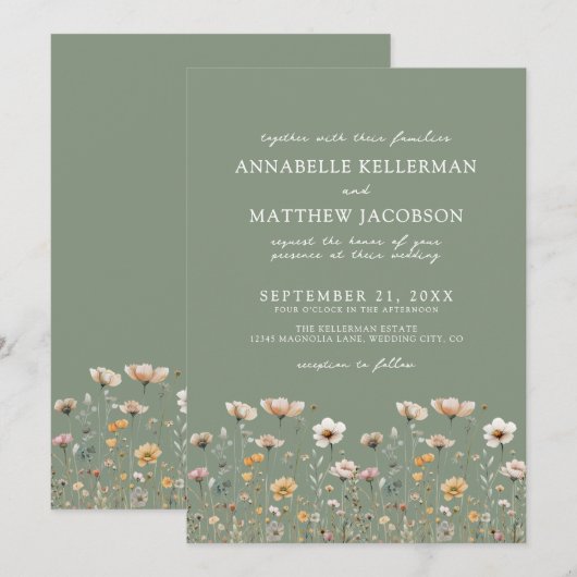 ワイルドフラワー フローラル グリーン ウェディング 招待状 (正面/裏面)