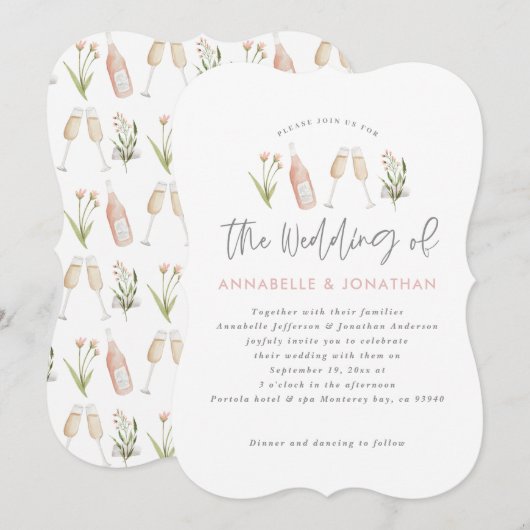 ワイルドフラワー フローラル シャンパン モダン スクリプト 案内状 (正面/裏面)