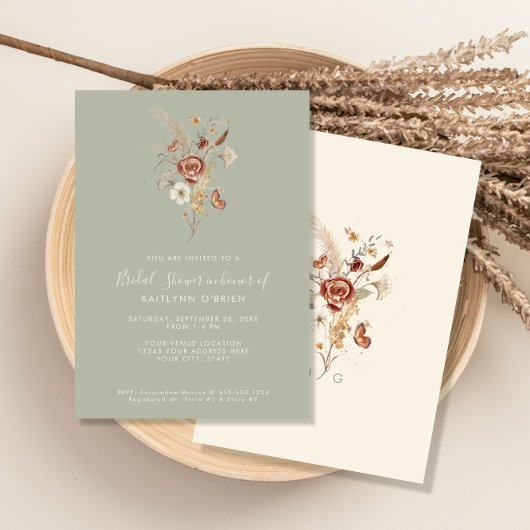 ワイルドフラワー フローラル セージ ウォーターカラー ブライダル シャワー 招待状
