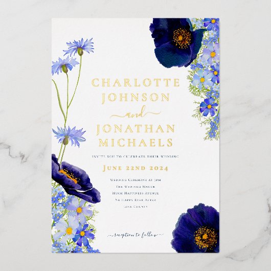 ワイルドフラワー ブルーとゴールド ラスティック ウェディング 箔招待状 (正面)