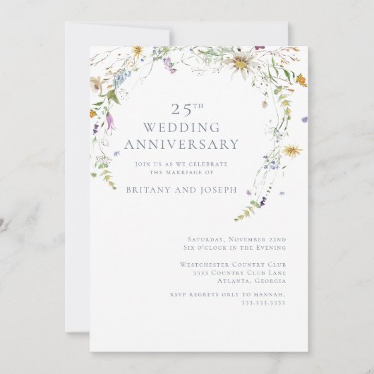 ワイルドフラワー ブルー フラワル 25周年 結婚記念日 招待状 (正面)