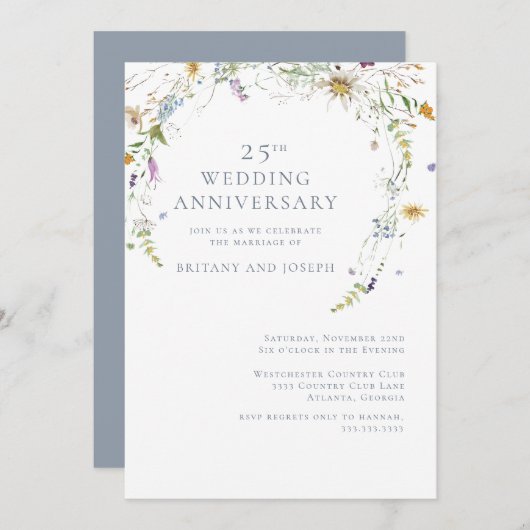 ワイルドフラワー ブルー フラワル 25周年 結婚記念日 招待状 (正面/裏面)