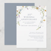 ワイルドフラワー ブルー フラワーデザイン 25周年 結婚記念日 招待状 (正面/裏面)