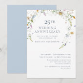 ワイルドフラワー ブルー 花柄 25周年 結婚記念日 招待状 (正面/裏面)