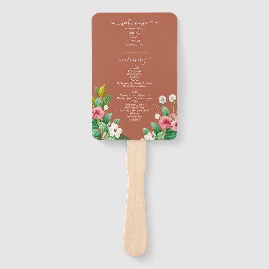 ワイルドフラワー ペリウィンクル 焼きオレンジの結婚式プログラム ハンドファン (正面)