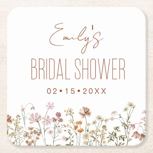 ワイルドフラワー ボーホー ブライダルシャワー イン ブルーム ガーデン スクエアペーパーコースター (正面)