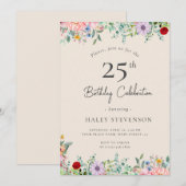 ワイルドフラワー ラスティック ボヘミア 25歳の誕生日 シンプル ベージュ 招待状 (正面/裏面)