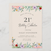 ワイルドフラワー ラスティック ボーホー 21歳の誕生日 シンプル ベージュ 招待状 (正面/裏面)