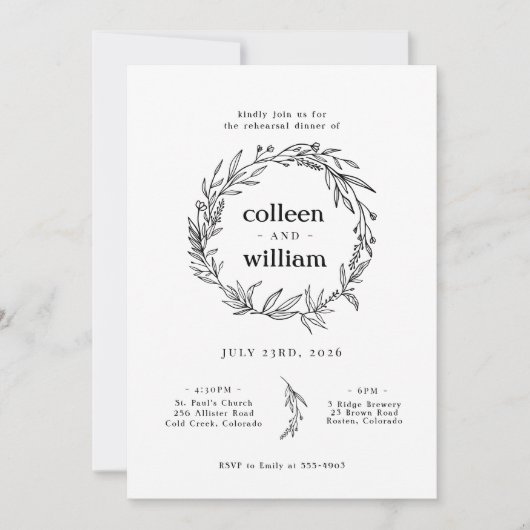 ワイルドフラワー リース フォーク ルーシック リハーサル ディナー 招待状 (正面)