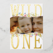 ワイルドフラワー ワイルドワン ボヘミアンガール フォト 1歳誕生日 箔招待状 (正面)