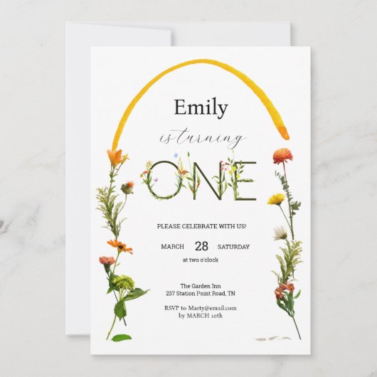 ワイルドフラワー ワン 1歳の誕生日 招待状 (正面)