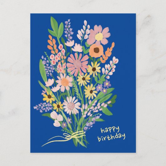 ワイルドフラワー 手描き グアッシュ 幸せな誕生日 ポストカード (正面)