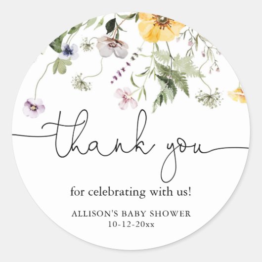 ワイルドフラワー 春の花 ラベンダー 紫 緑の葉 ラウンドシール (正面)