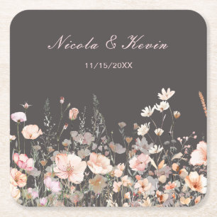 ワイルドフラワー 春 ブラッシュ ピンク フローラル ウェディング スクエアペーパーコースター