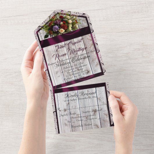 ワイルドフラワー、紫リボン、レース&ライト オールインワン招待状 (貼ってはがせる)