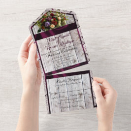 ワイルドフラワー、紫リボン、レース&ライト オールインワン招待状