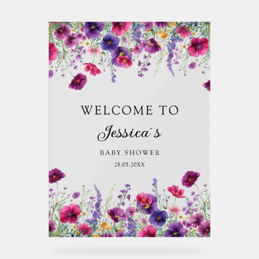 ワイルドフラワー、紫 – ピンクの花の赤ちゃんシャワー アクリルサイン (正面)