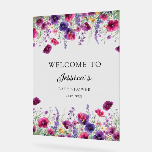 ワイルドフラワー、紫 – ピンクの花の赤ちゃんシャワー アクリルサイン (傾斜)