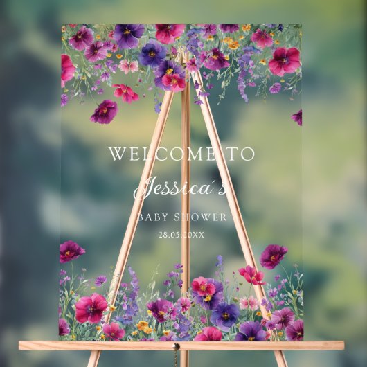 ワイルドフラワー、紫 – ピンクの花の赤ちゃんシャワー アクリルサイン (ニュートラル)