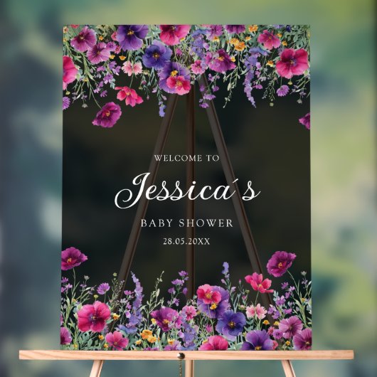 ワイルドフラワー、紫 – ピンクの花の赤ちゃんシャワー アクリルサイン (ニュートラル)