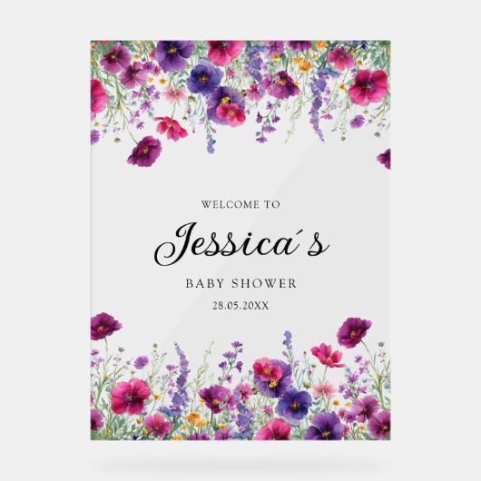 ワイルドフラワー、紫 – ピンクの花の赤ちゃんシャワー アクリルサイン (正面)