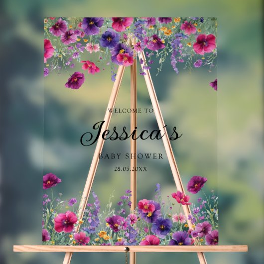 ワイルドフラワー、紫 – ピンクの花の赤ちゃんシャワー アクリルサイン (ニュートラル)