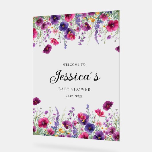 ワイルドフラワー、紫 – ピンクの花の赤ちゃんシャワー アクリルサイン (傾斜)