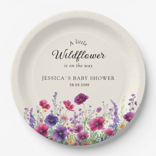 ワイルドフラワー、紫 – ピンクの花の赤ちゃんシャワー ペーパープレート (正面)