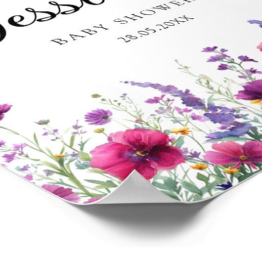 ワイルドフラワー、紫 – ピンクの花の赤ちゃんシャワー ポスター (角)