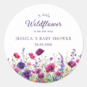 ワイルドフラワー、紫 – ピンクの花の赤ちゃんシャワー ラウンドシール (正面)