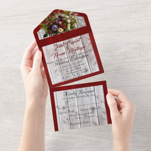 ワイルドフラワー、赤いリボン&ライト オールインワン招待状 (貼ってはがせる)
