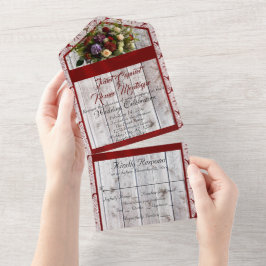 ワイルドフラワー、赤いリボン、レース&ライト オールインワン招待状