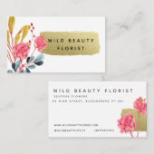 ワイルドフラワー&金ゴールドルックブラッシュストローク 名刺 (正面/裏面)