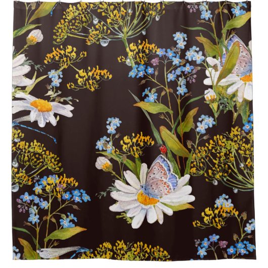 ワイルドフラワー：黒い背景色 シャワーカーテン (正面)