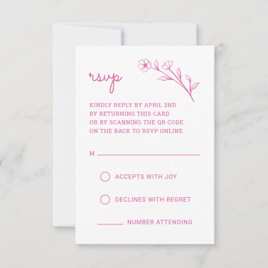 ワイルドフラワー RSVP カード (QR コード付き) - ホットピンク (正面)