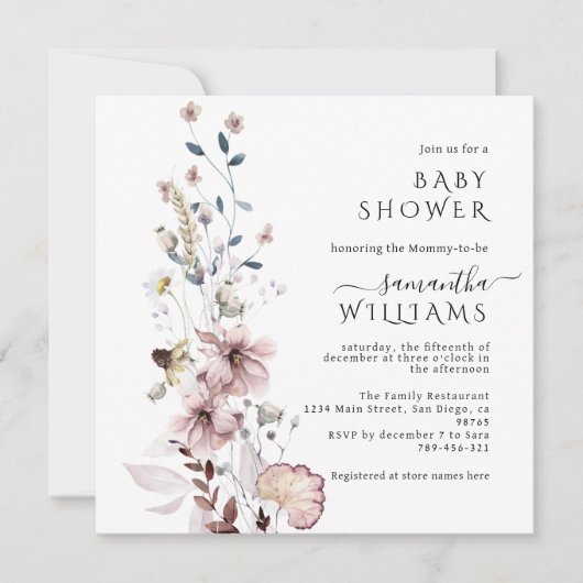 ワイルドフラワーbohoミニマルモダンリスト赤ちゃんシャワー 招待状 (正面)