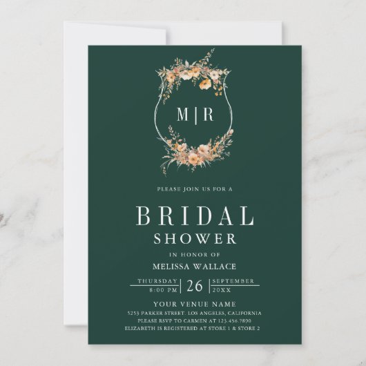 ワイルドフラワーQRコードエメラルドグリーンブライダルシャワー 招待状 (正面)