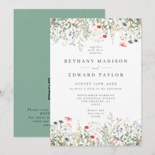 ワイルドフラワーQRコ結婚ード 招待状 (正面/裏面)