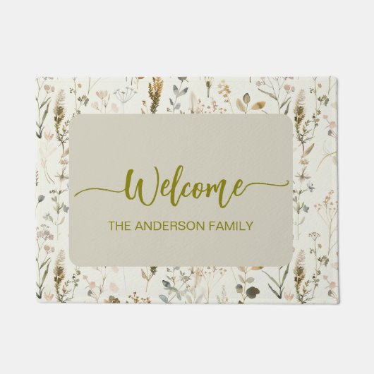 ワイルドフラワ素朴ーへようこそパーソナライズされた ドアマット (正面)